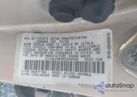 1994 Toyota Corolla Le/Dx from USA, damaged, VIN 2T1AE09B5RC069540